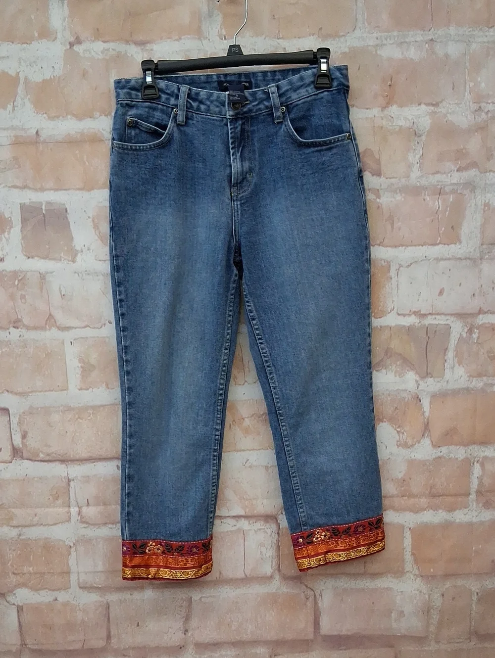 Boston Proper Blue Cropped Jeans with Red-Orange Embroidered Cuffs